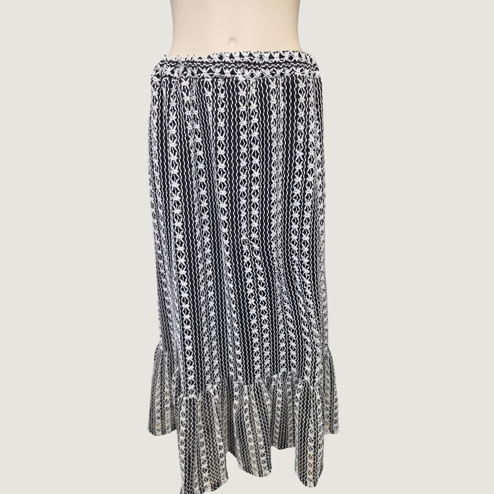 Kings Road Womens Black White Embroidered Ruffle Hem Maxi Skirt Size Large